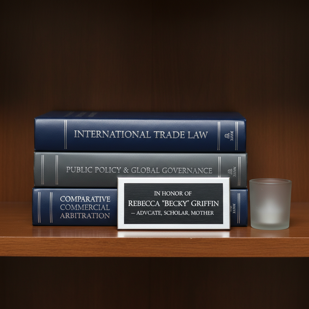 A balanced still life of three neatly stacked law books with navy and charcoal cloth covers, their spines embossed in silver with titles about international trade and public policy, arranged on a smooth walnut shelf. In front of them, a framed, text-only dedication plaque sits upright, engraved with the words “In Honor of Rebecca ‘Becky’ Griffin – Advocate, Scholar, Mother” in elegant serif font. A small, frosted-glass tealight holder, unlit, rests beside the frame, adding a subtle memorial touch without sentimentality. Cool, even studio lighting from above and slightly to the right creates soft highlights along the book spines and gentle shadows behind objects. Captured head-on with a centered, symmetrical composition and photographic realism, the scene conveys quiet respect, professionalism, and enduring legacy.