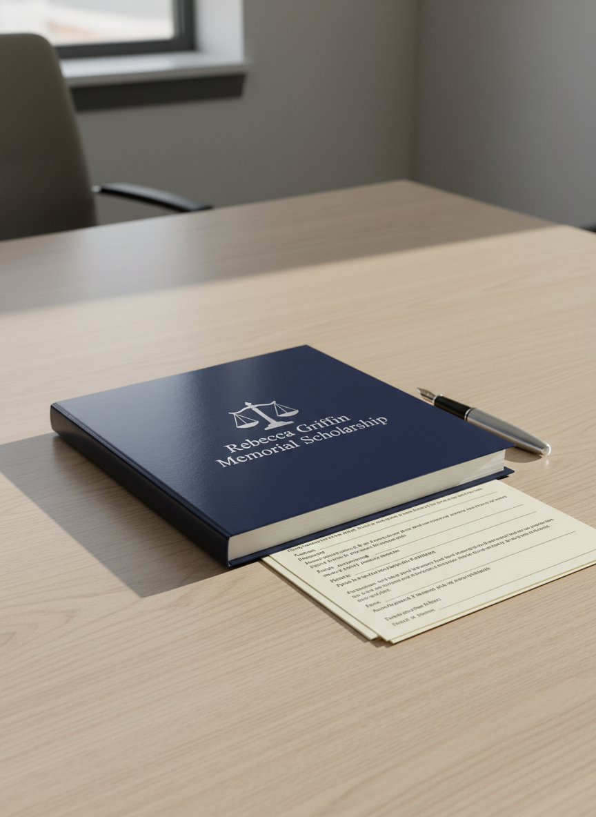 A polished navy-blue hardcover scholarship folder embossed with a subtle silver scales-of-justice emblem and the name “Rebecca Griffin Memorial Scholarship” in refined serif lettering, resting neatly on a light oak conference table. A slim silver fountain pen lies parallel to its edge, beside a tidy stack of cream-colored application forms with clean typography. Soft daylight from an unseen window washes across the surface, creating gentle, directional shadows and a calm, professional atmosphere. Captured at eye level with a slight three-quarter angle, the background falls into a soft blur of neutral gray and beige office tones. The photographic realism, clean lines, and balanced composition create a corporate, trustworthy aesthetic suited for a nonprofit scholarship program.